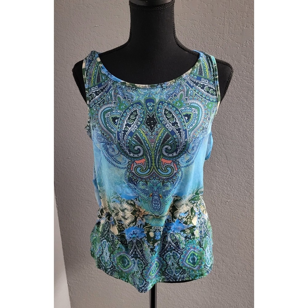 One World Blue Paisley Print Tank Top with Open Front Cover-up Womens Size XS - Picture 4 of 10